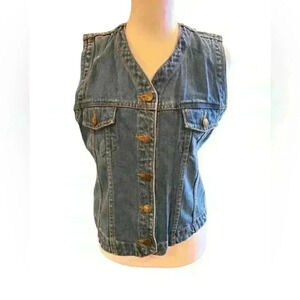 Dixie Denim Vest Sleeveless Button-Front Chest Pocket Medium Wash Blue Size M